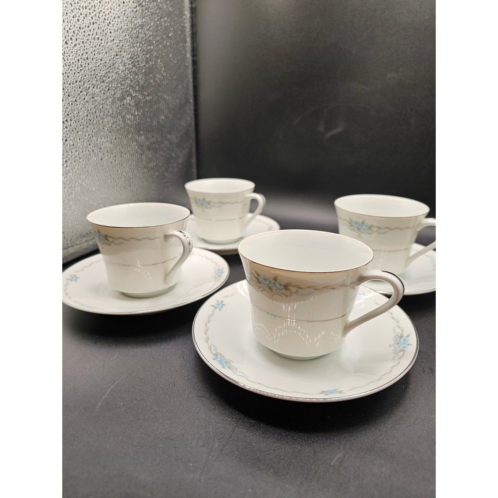 Style House Fine China Corsage Tea Cup and Saucer Set of 4 Blue Floral Japan